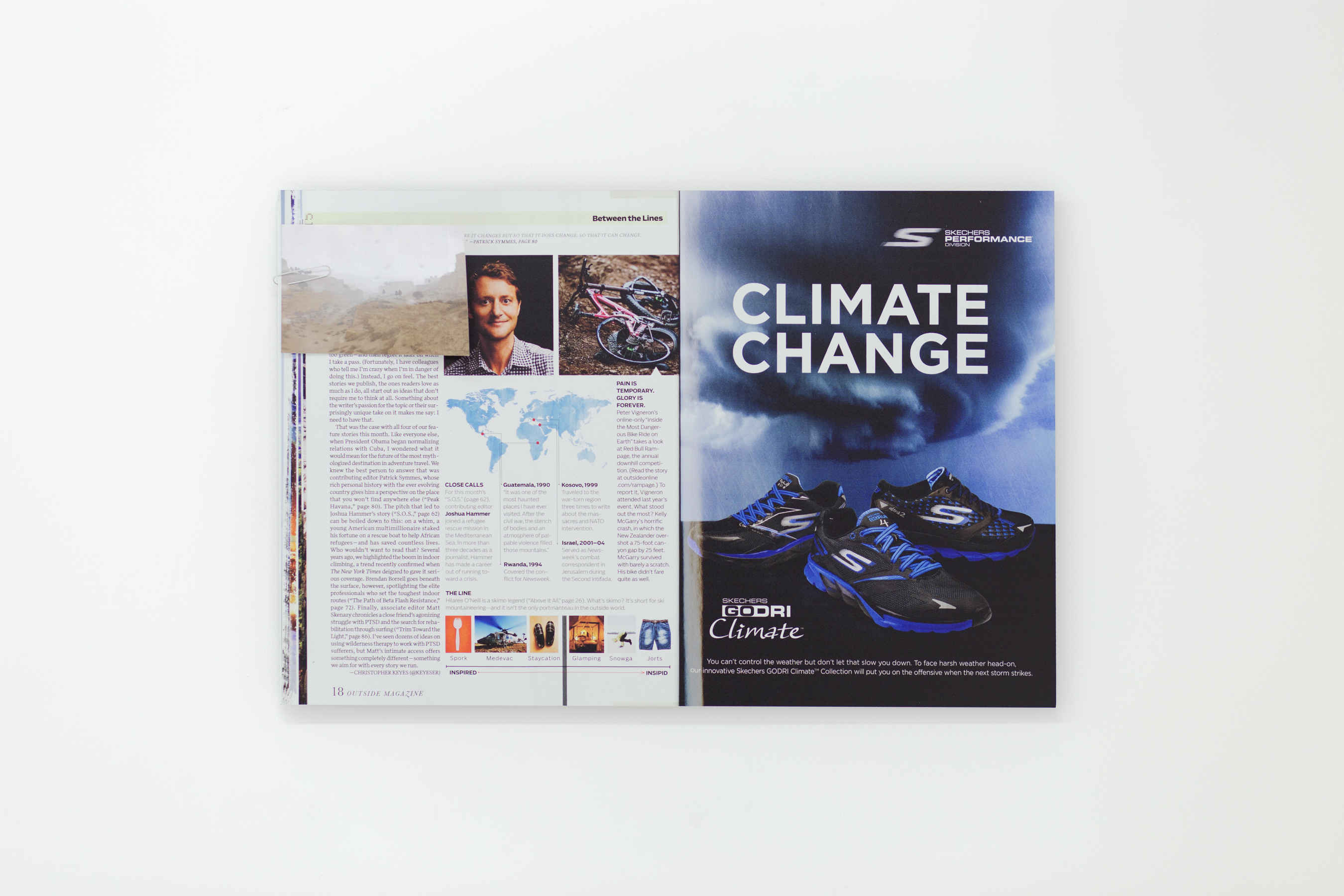 Print of a magazine spread on aluminum depicting an ad for shoes with the words ‘Climate Change’. There is a small photo attached to the print with a paperclip3