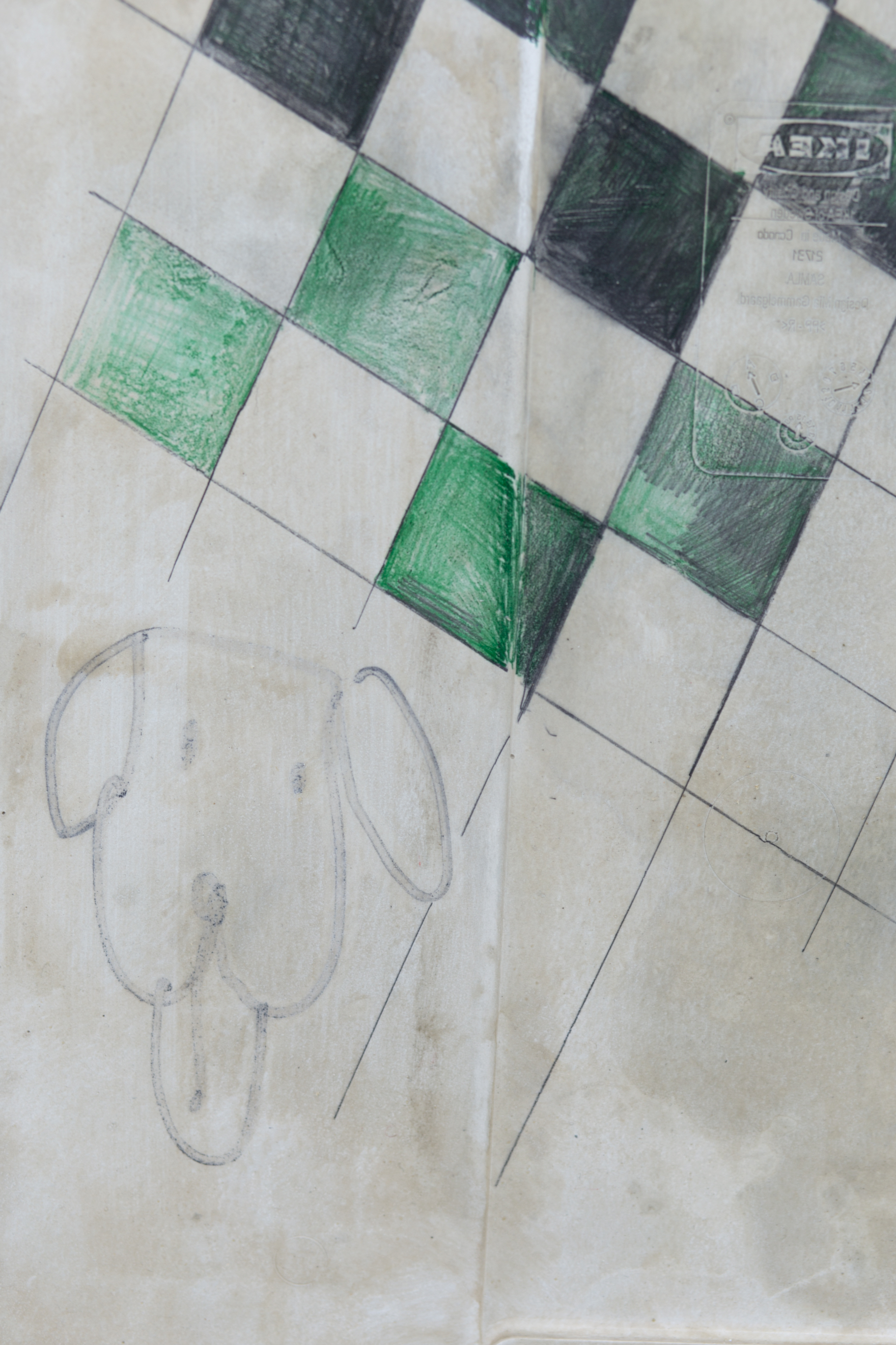 A close up of the green chessboard and dog drawing